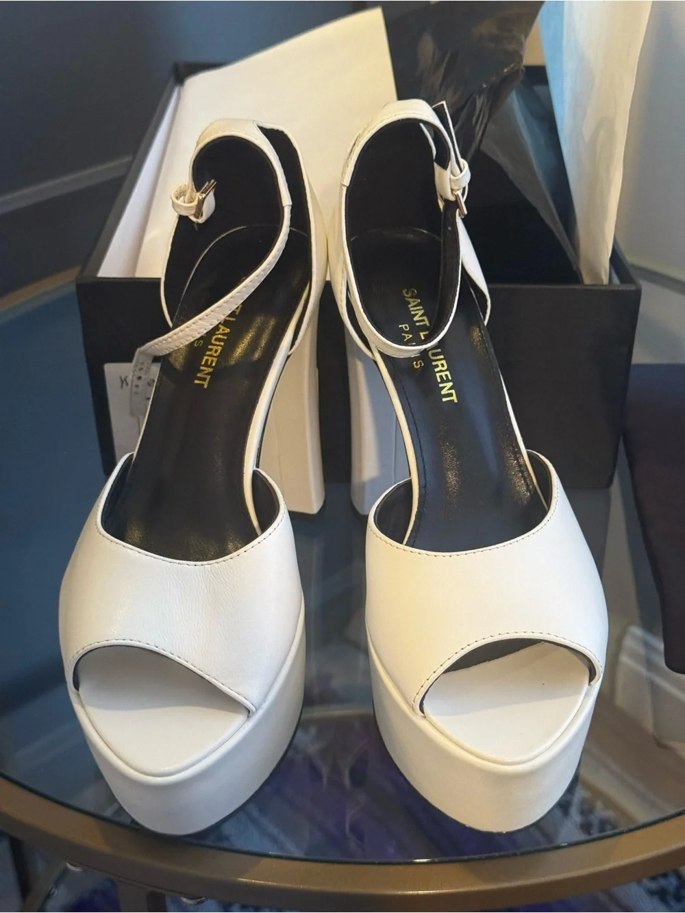 Saint Laurent White Platform Ankle-Strap Sandals